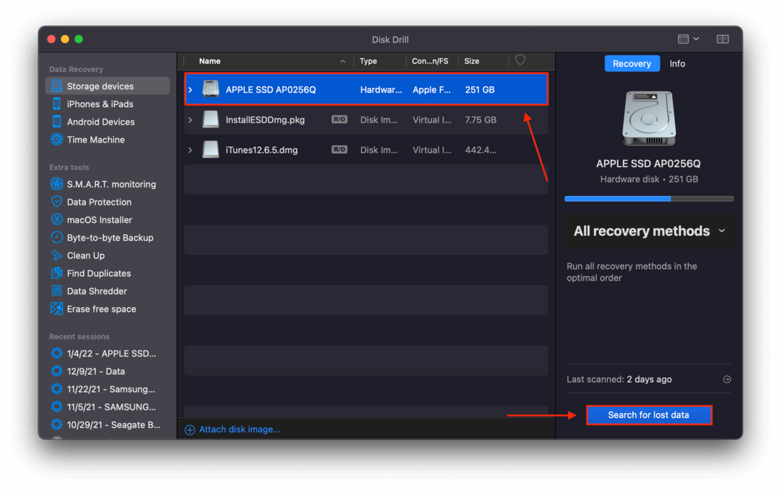 Disk Drill select drive window with outlines highlighting the startup disk and the search for lost data button