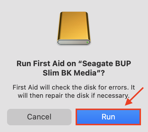 Disk Utility popup window with a pointer towards the Run button