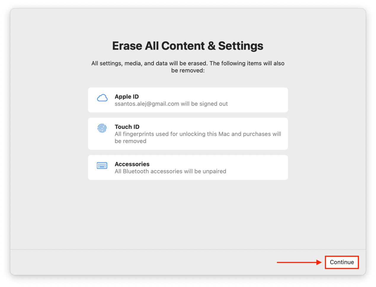 erase all content and settings initialization window with an outline highlighting the continue button