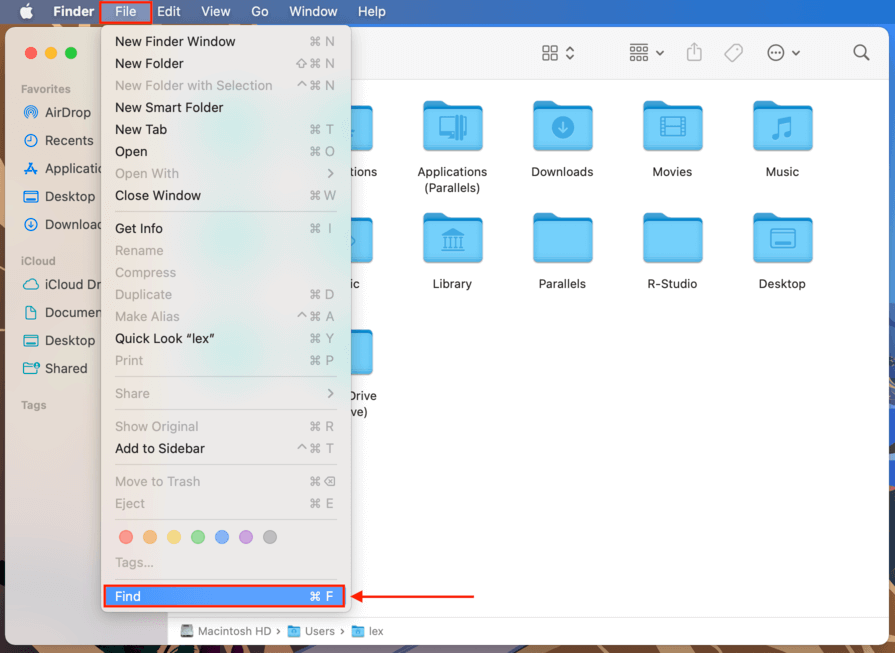 finder file menu with a pointer towards the find function