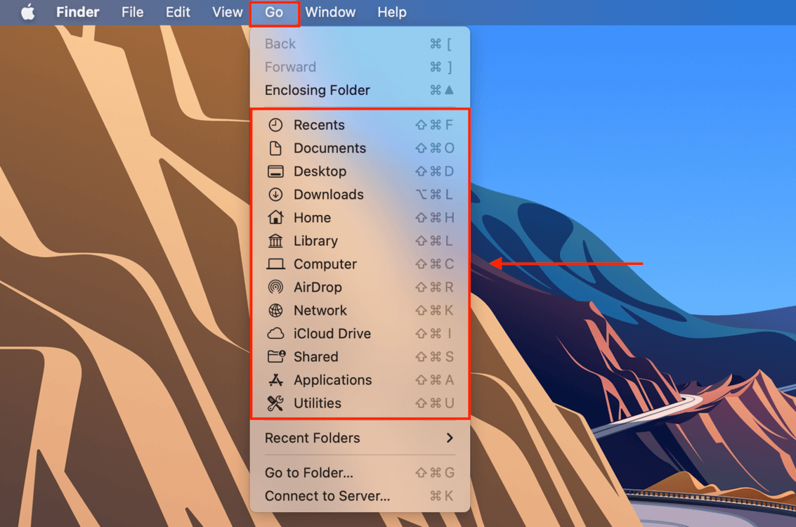 finder go menu with an outline highlighting all folders