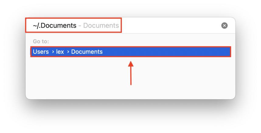 finder go to folder window with an outline highlighting the documents path