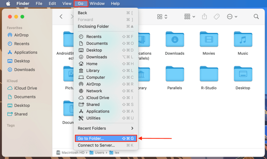 finder go menu with a button towards go to folder