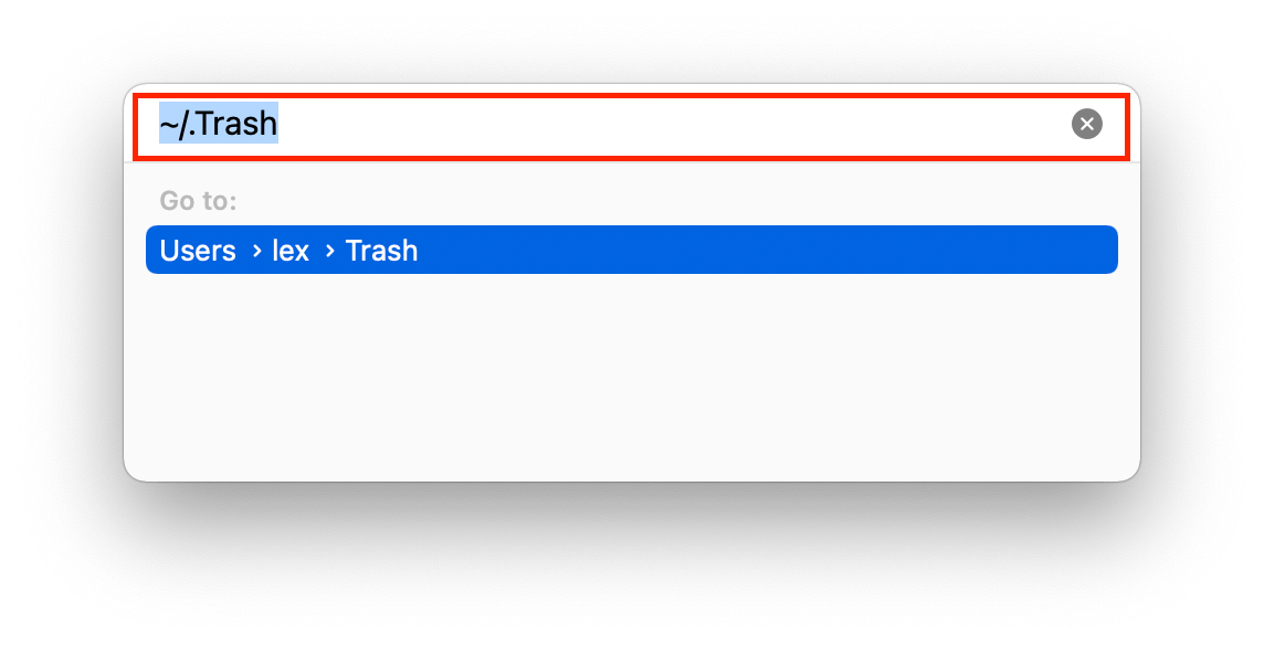 finder go to folder window with the trash path in the search field