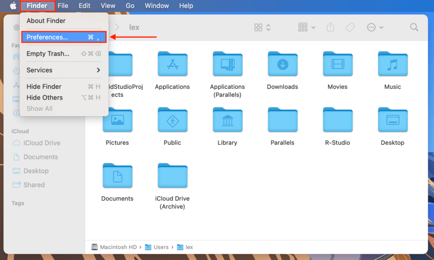 finder apple menu bar with a pointer towards the preferences button