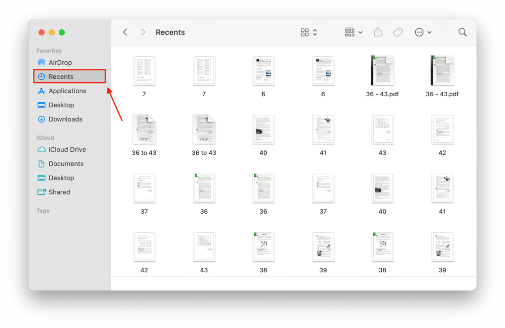 finder recents folder with a pointer towards recents in the sidebar