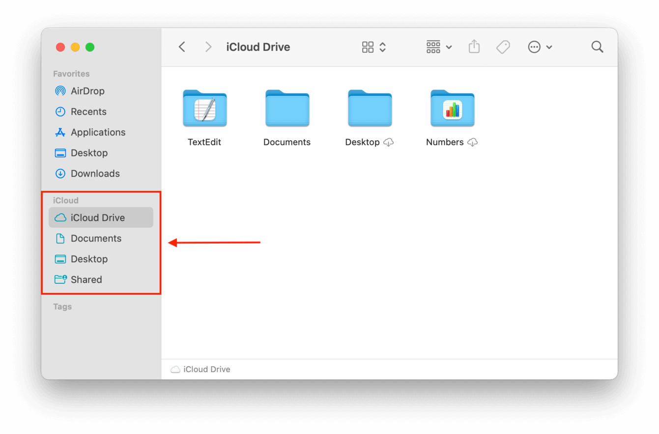 Finder window with a pointer towards the iCloud Drive section of the sidebar