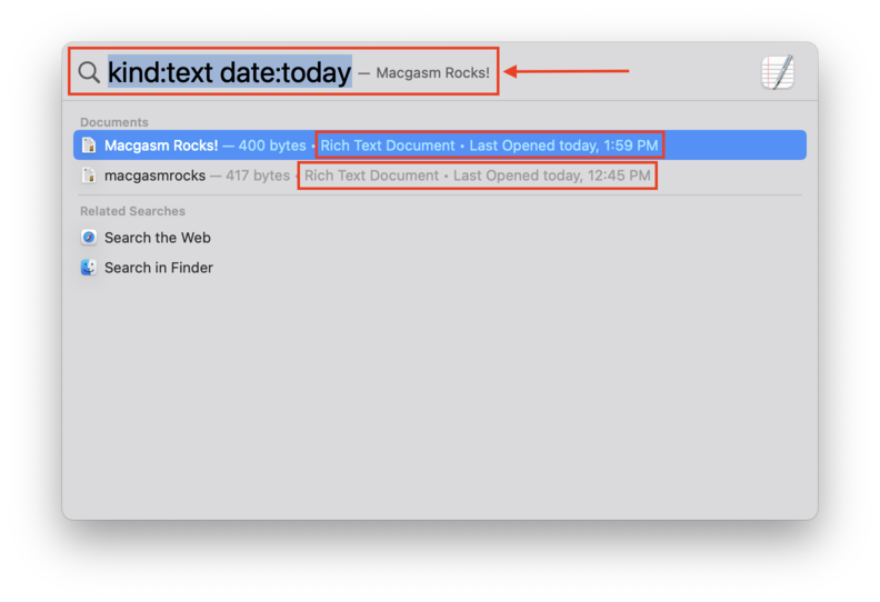 spotlight window with an outline highlighting the kind and date search queries and outlines highlighting two text documents with their dates and file types