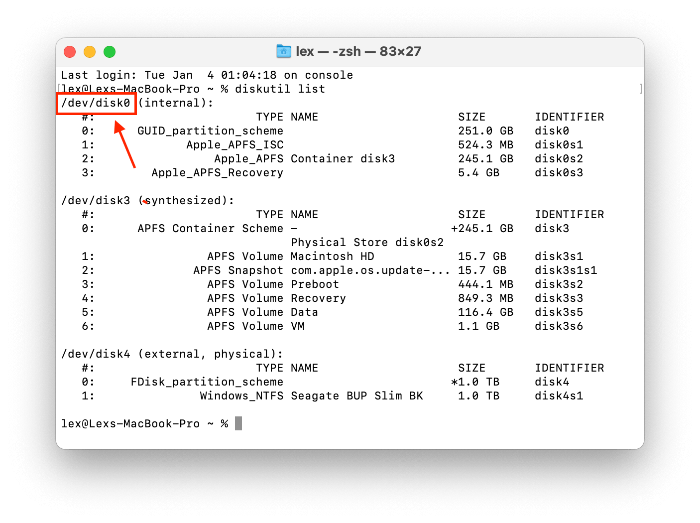 Terminal window with a pointer towards the identifier path