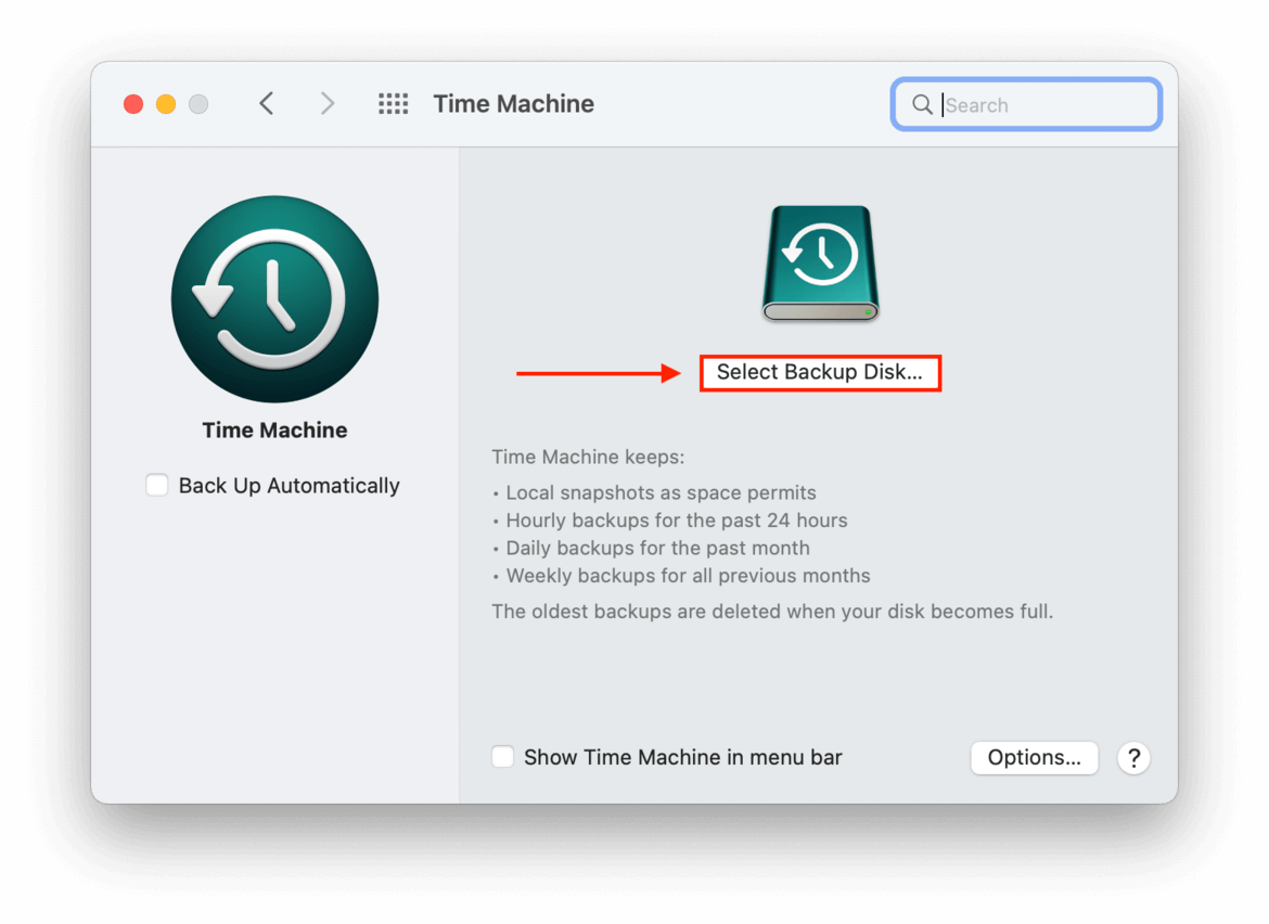 Ventana inicial de Mac Time Machine con un contorno que resalta la opción Seleccionar disco de copia de seguridad
