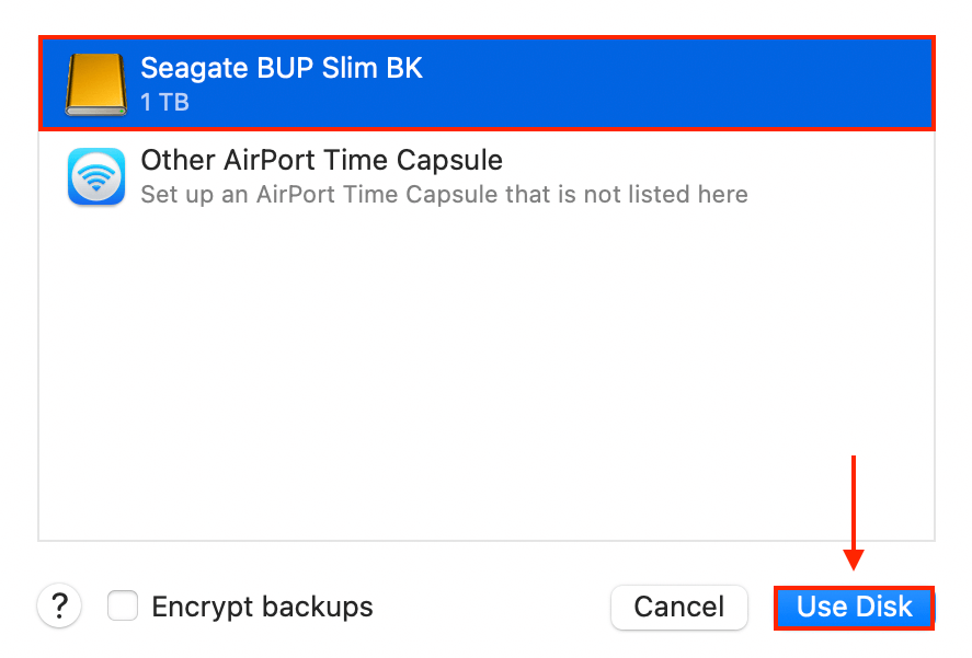 time machine backup disk selection window