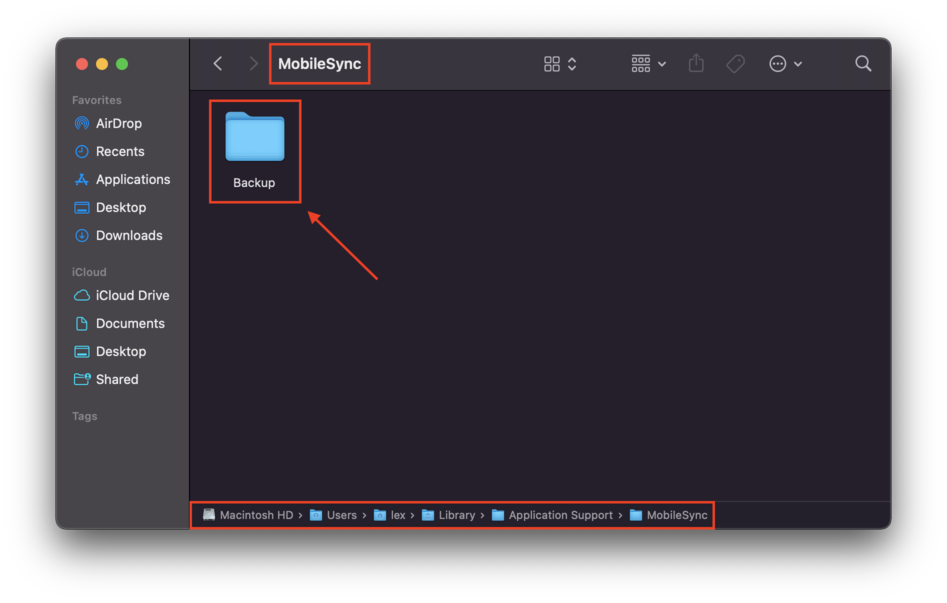 finder window with an outline highlighting the backup folder and the folder's path