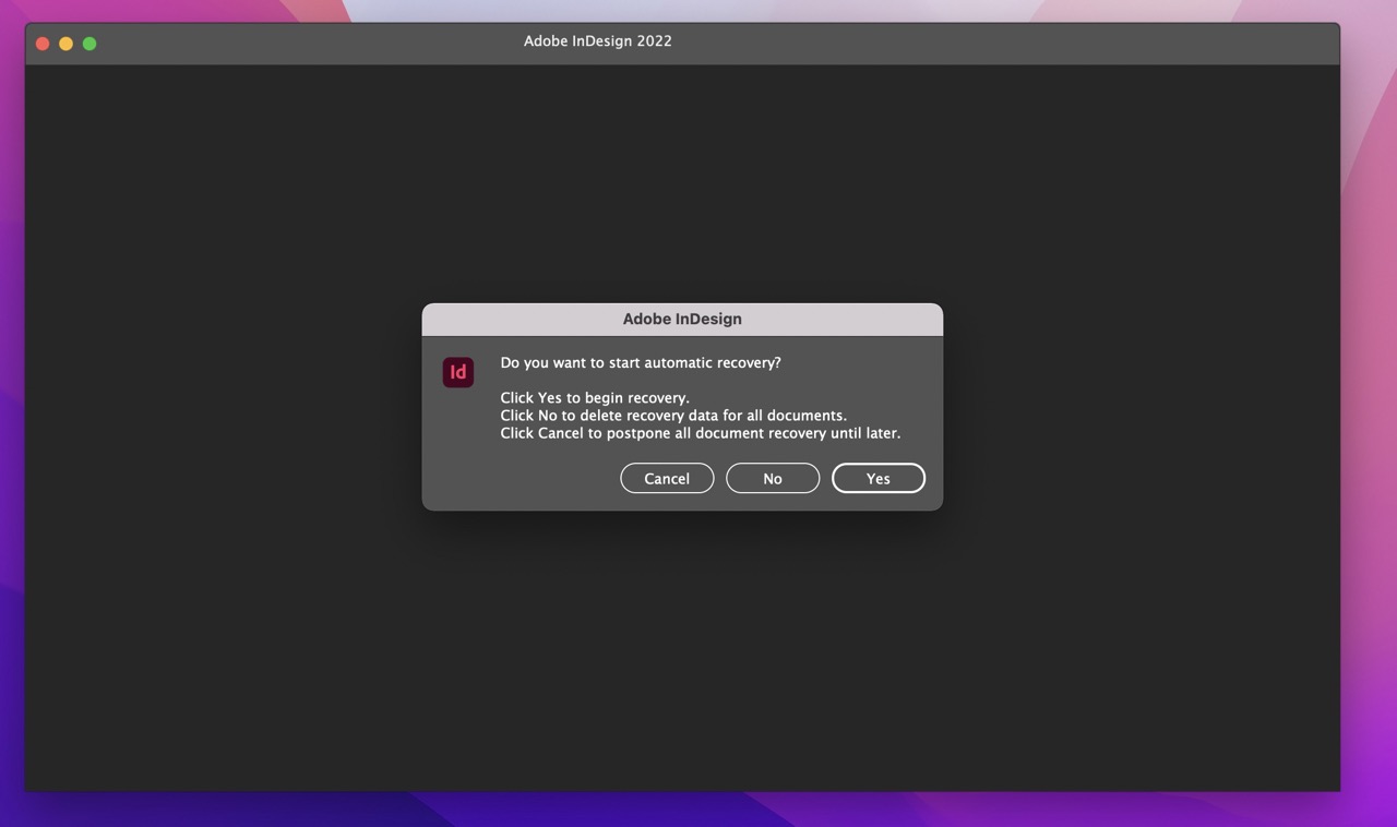 InDesign automatic recovery screen