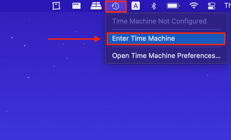 Apple menu bar showing a pointer towards Enter Time Machine button 