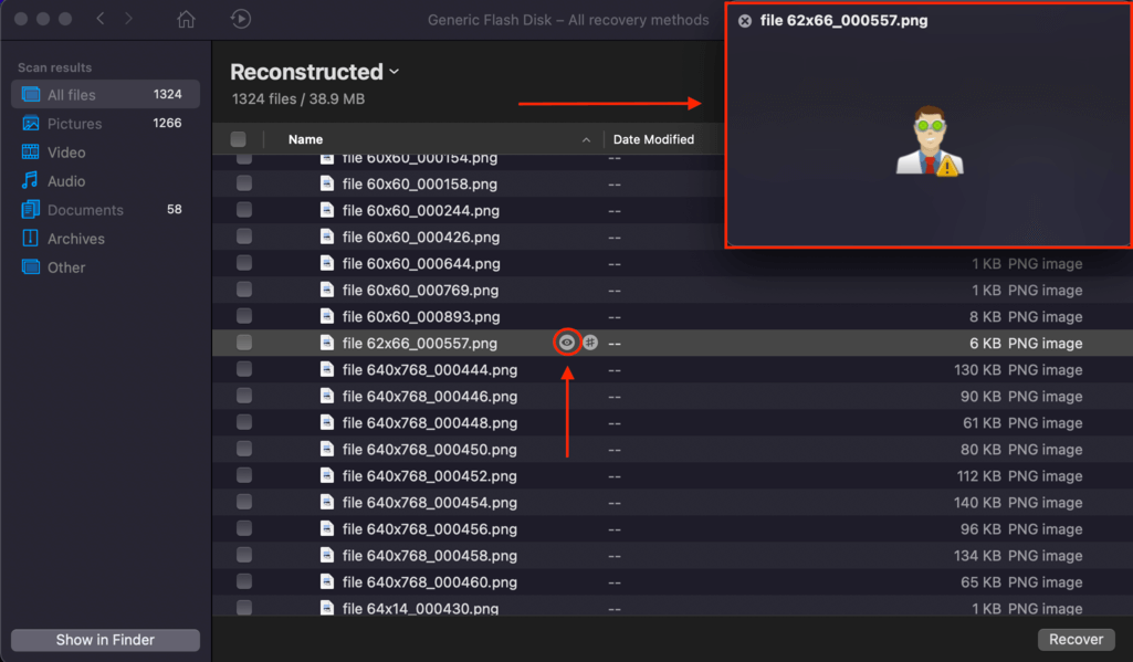 Disk Drill results window with pointers towards the preview eye button and the preview window