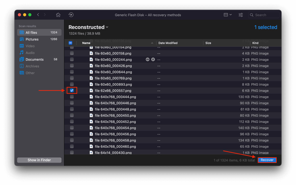 Disk Drill results window with pointers towards a checkbox and the recover button