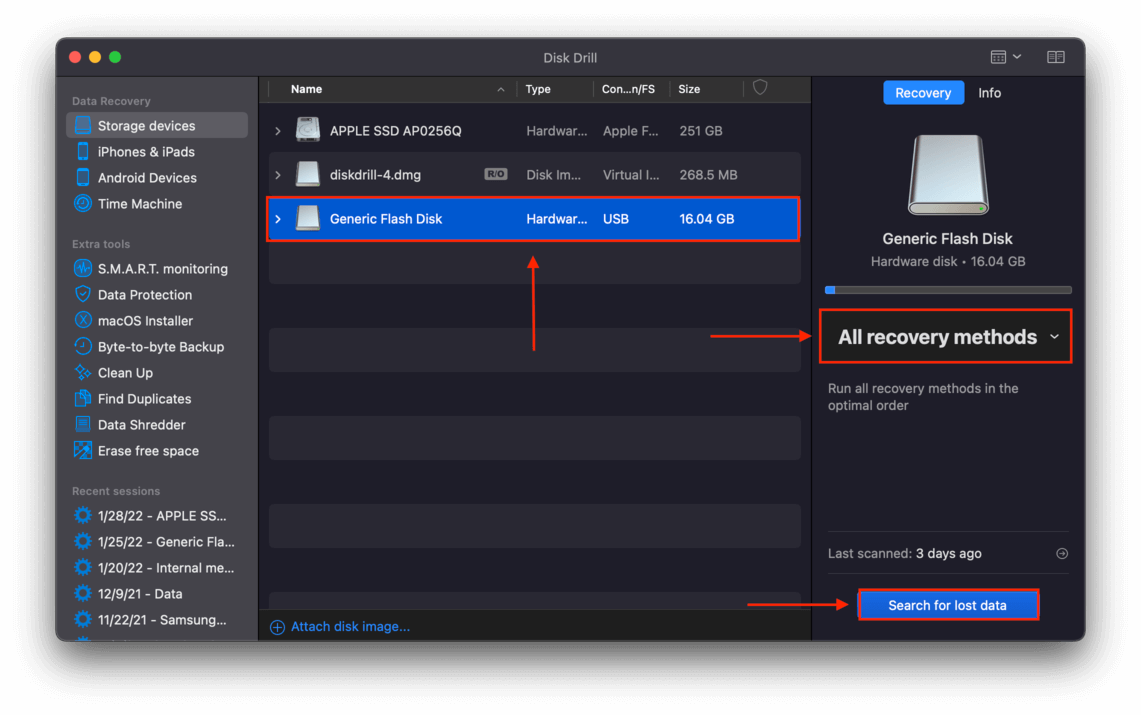 Disk Drill window with an arrow pointing to the internal drive, the scan method dropdown menu, and the search for lost data button