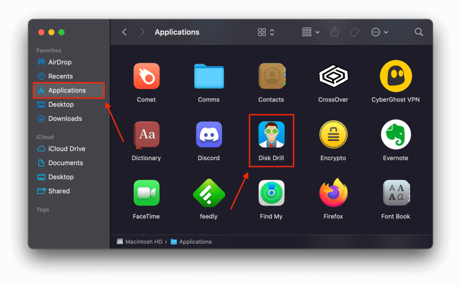 Finder window with a pointer towards Application menu and Disk Drill application icon and 