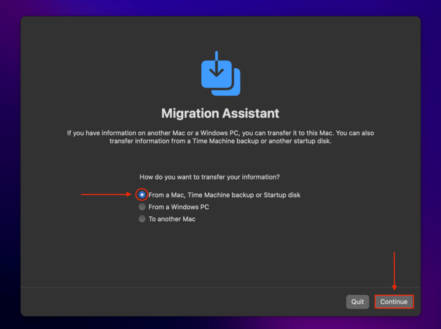 Migration Assistant window with a pointer towards a ticked box and Continue button