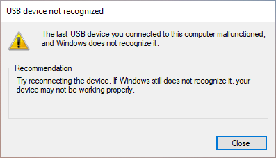 Windows USB device not recognized error dialogue box