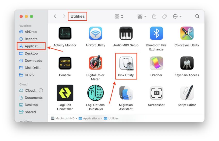 Disk Utility icon in Finder Applications Utilities folder