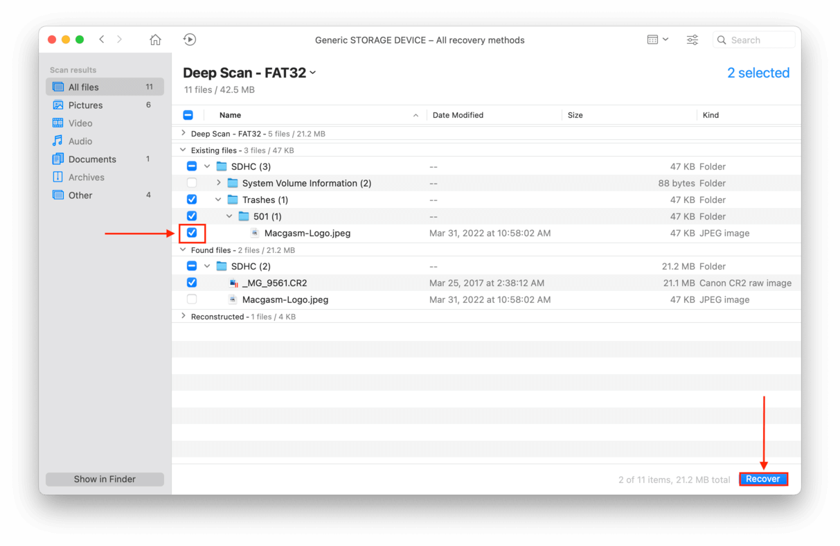 Disk Drill file selection