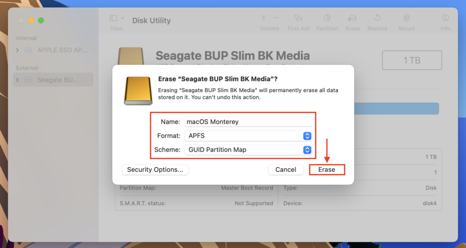 Disk Utility erase disk dialogue box