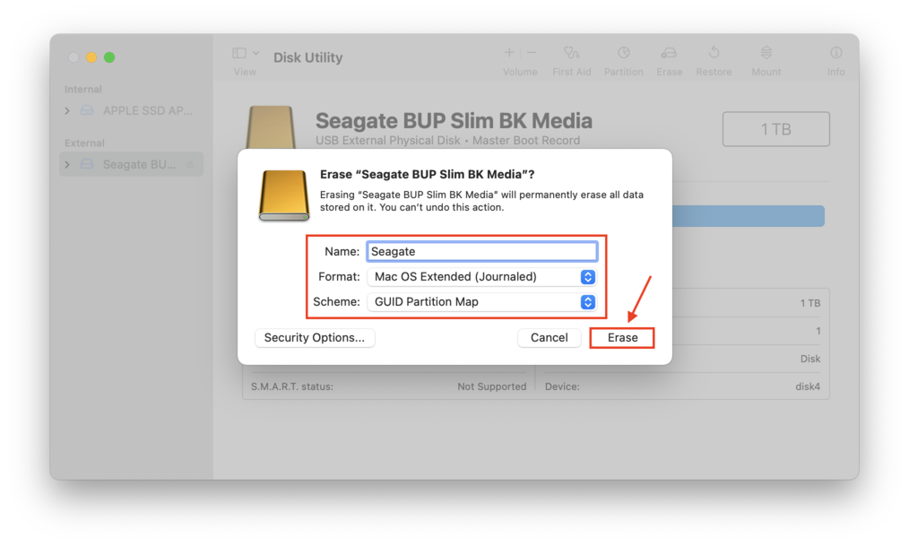 Disk Utility erase disk dialogue box