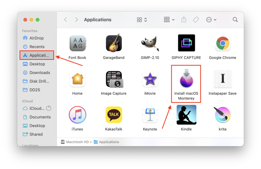 Monterey installer icon in Finder Applications window