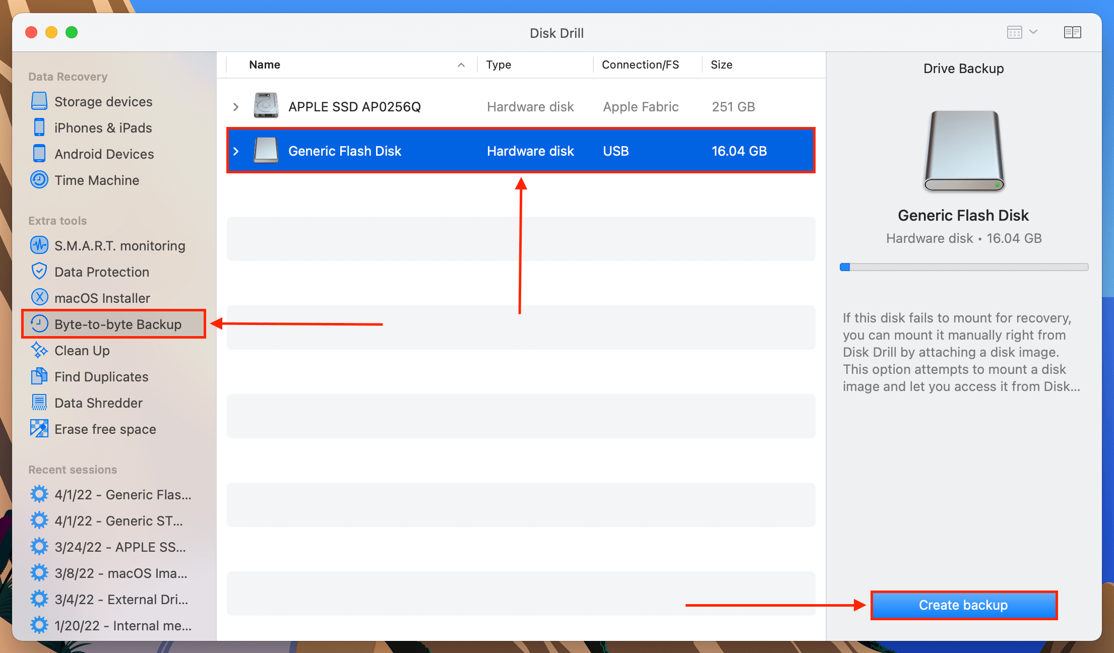 Disk Drill Byte-to-byte backup window