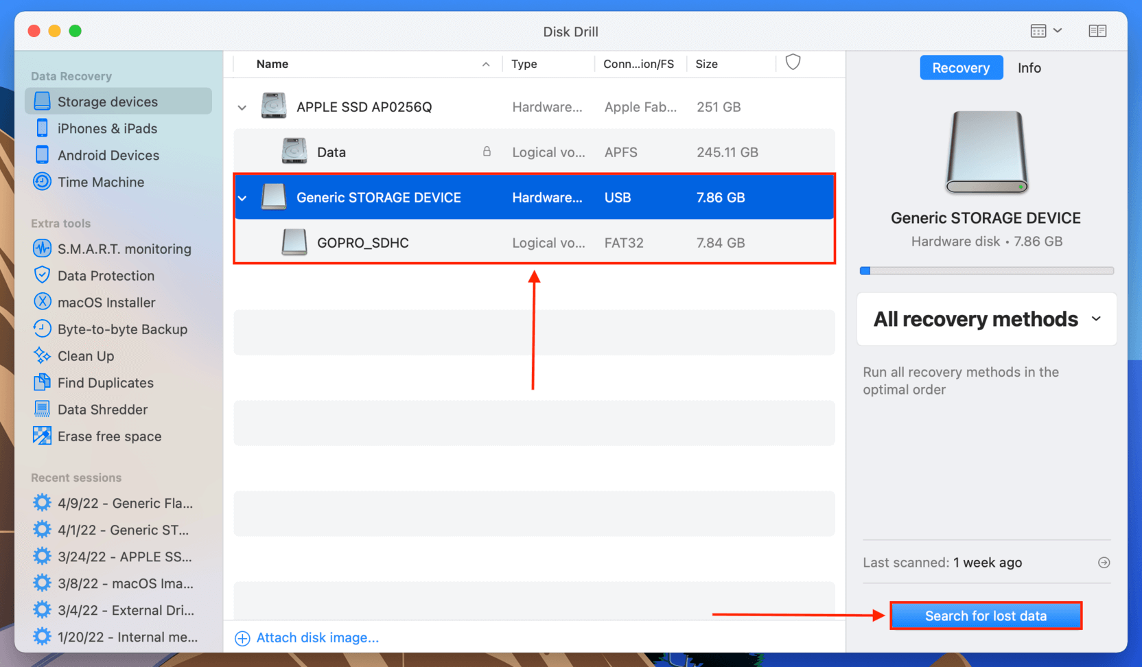 Disk Drill drive selection screen