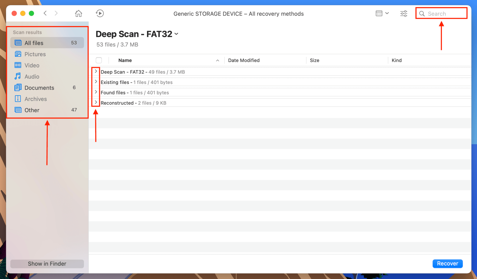 Disk Drill search bar and file type sidebar