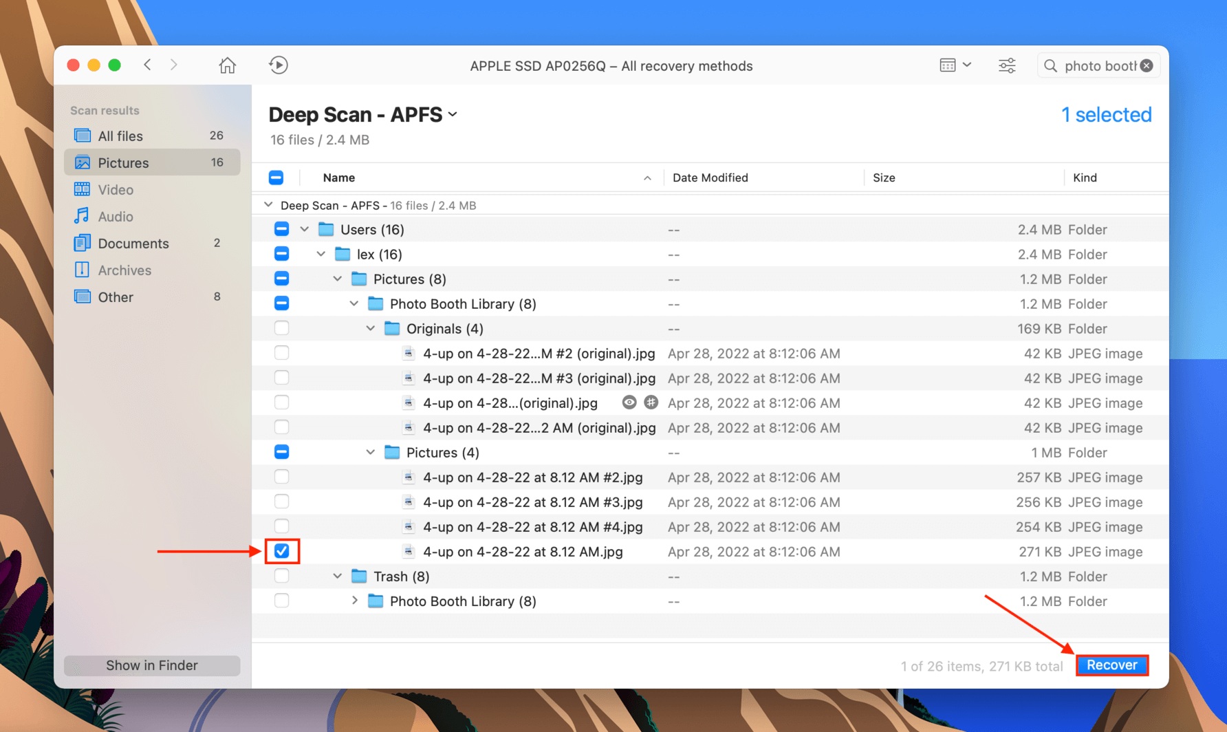 Disk Drill file selection column