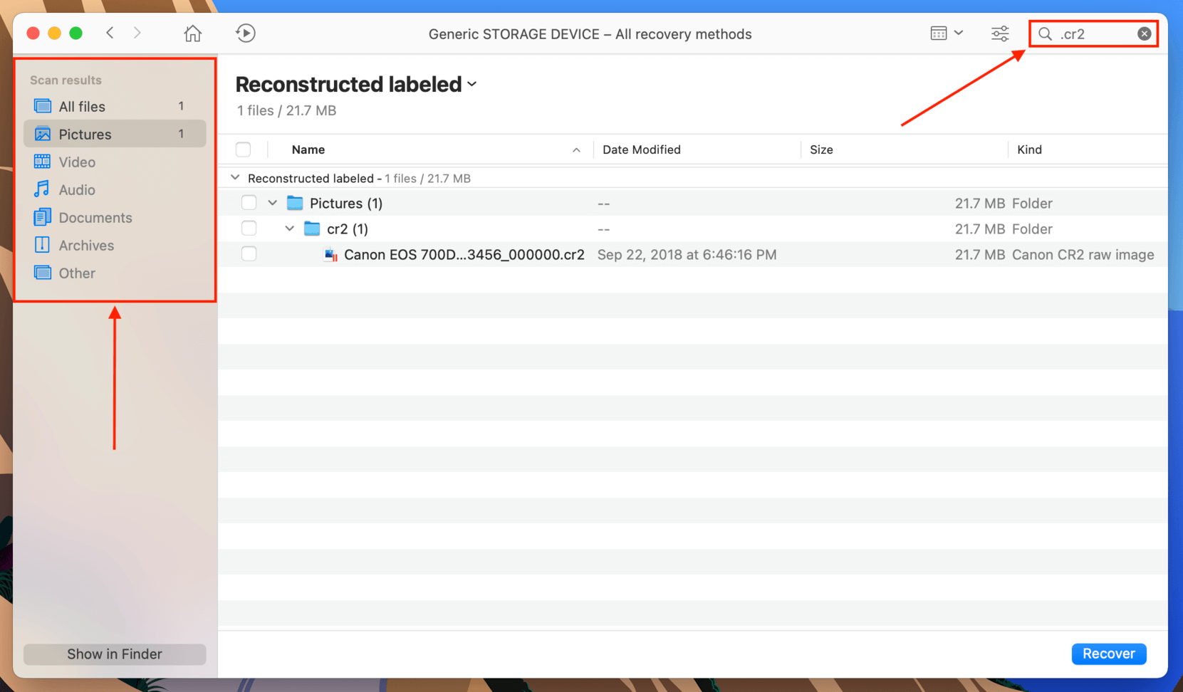 Disk Drill search bar and file type sidebar