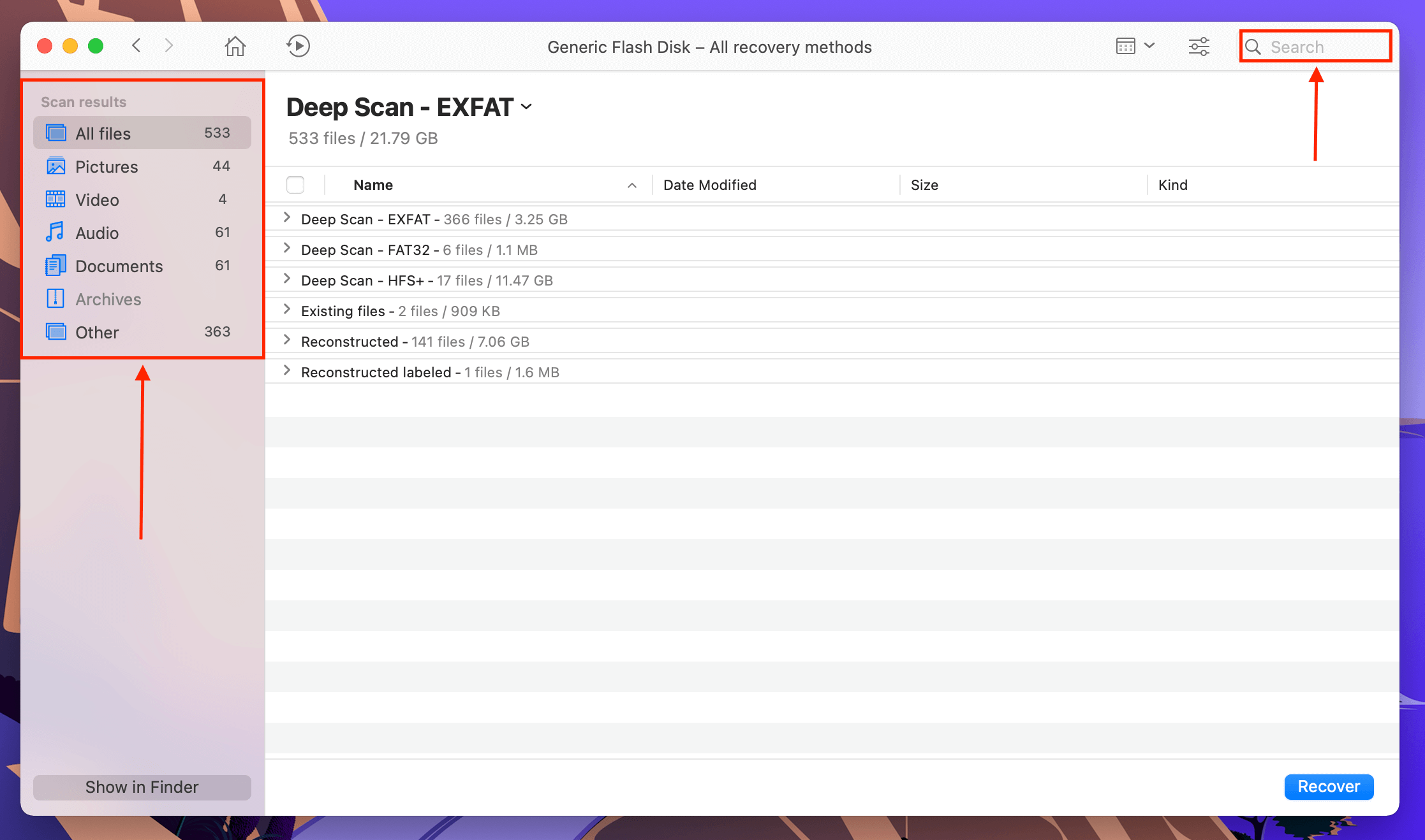 Disk Drill search bar and navigational sidebar