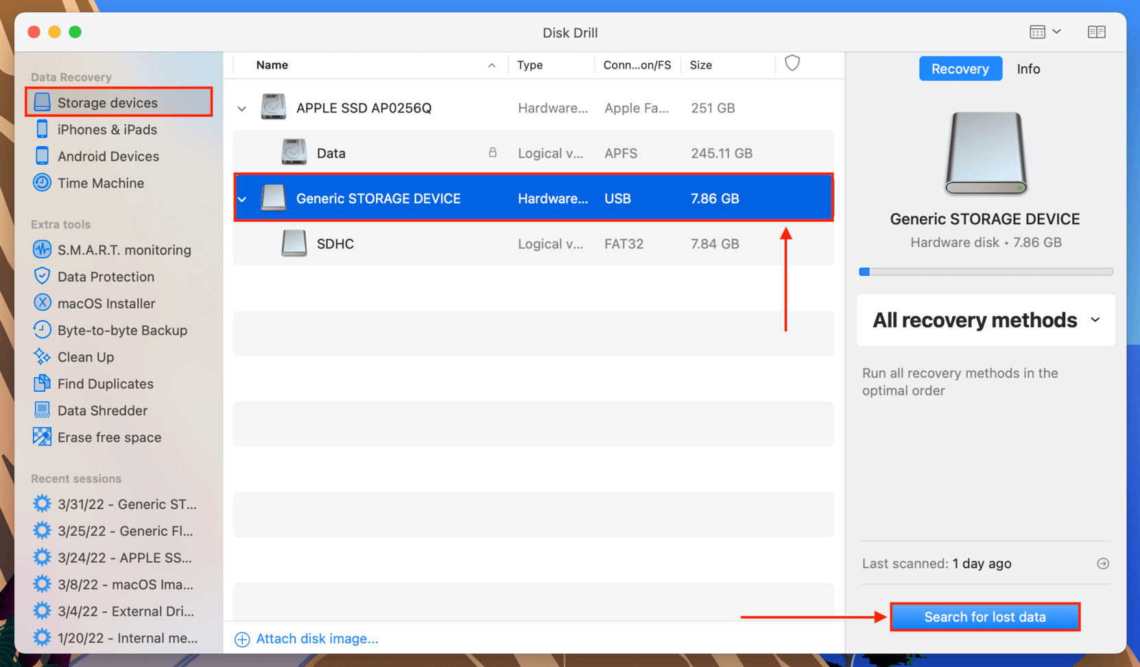 Disk Drill drive selection screen