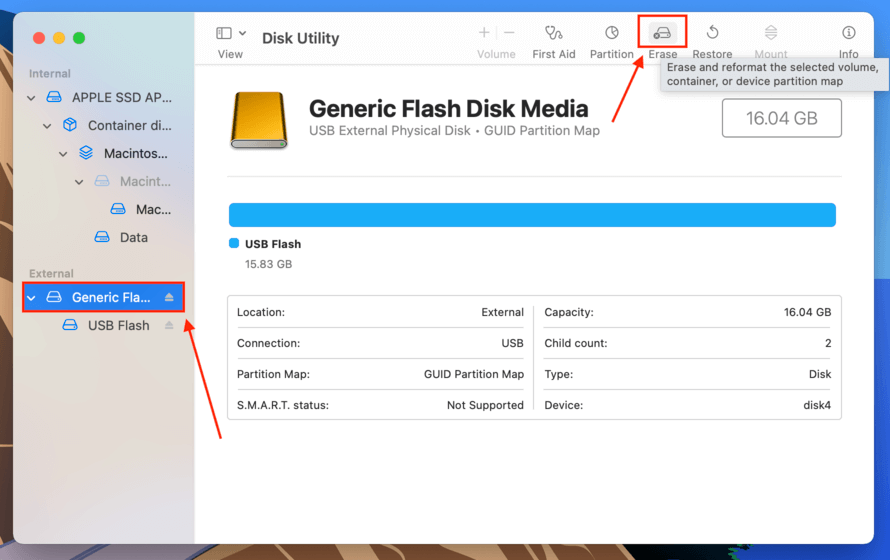 Disk Utility Erase button