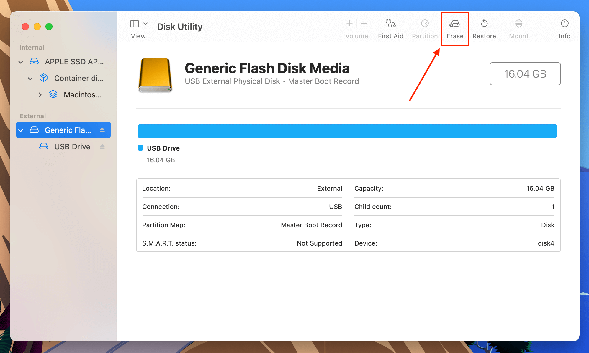 Erase button in the Disk Utility window
