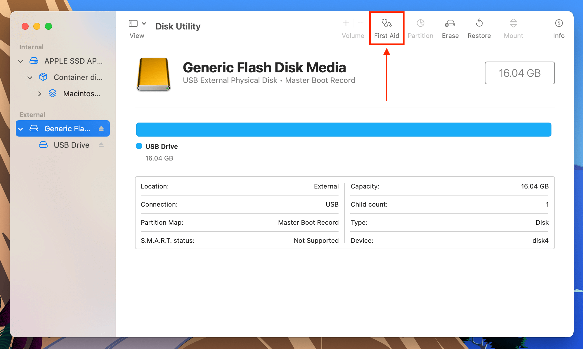 First Aid button in the Disk Utility window
