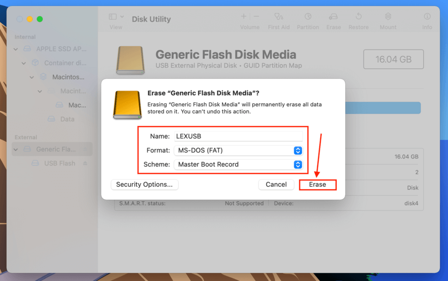 Disk Utility format drive dialogue box