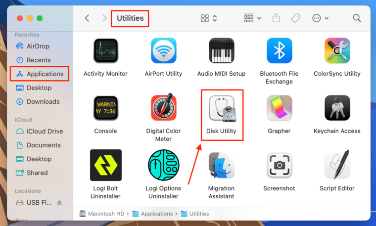Disk Utility icon in the Utilities folder, inside the Finder Applications folder