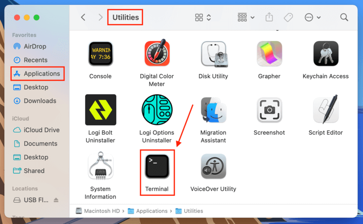 Terminal app icon in the Utilities folder, inside Finder Applications folder