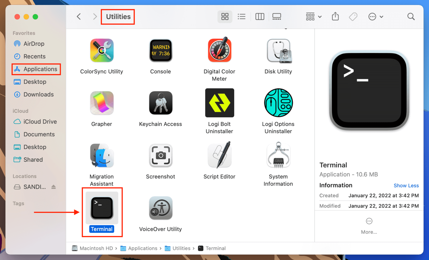 Terminal app icon in the Finder Applications folder