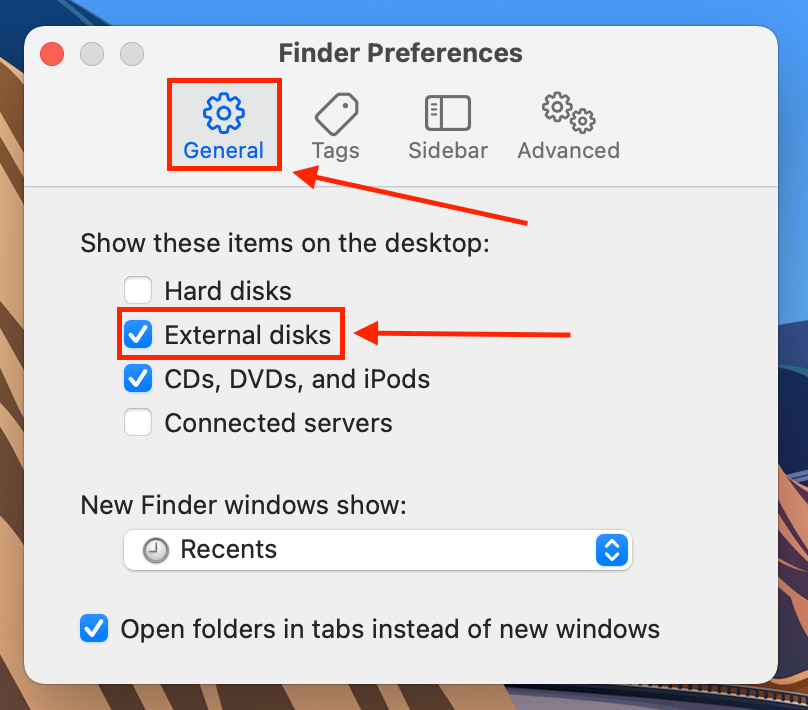 General tab in the Finder Preferences window
