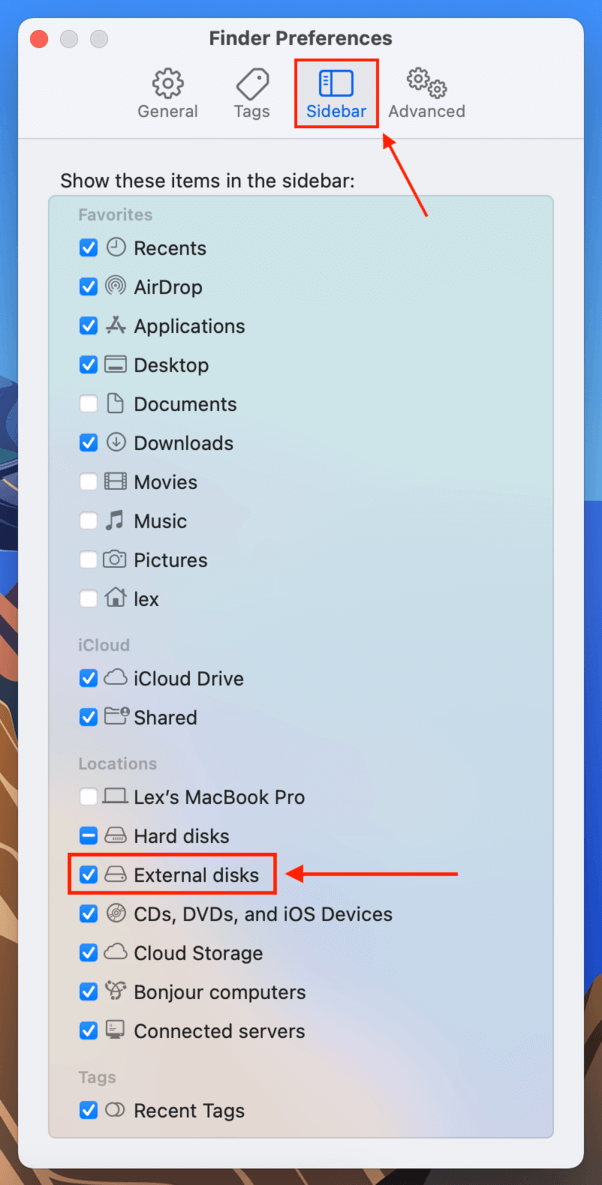 Sidebar tab in the Finder Preferences window