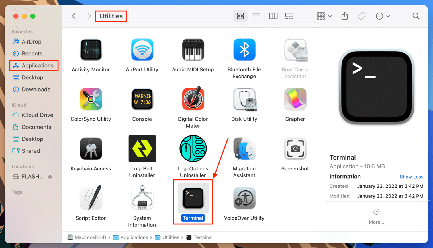 Terminal app icon in the Utilities folder
