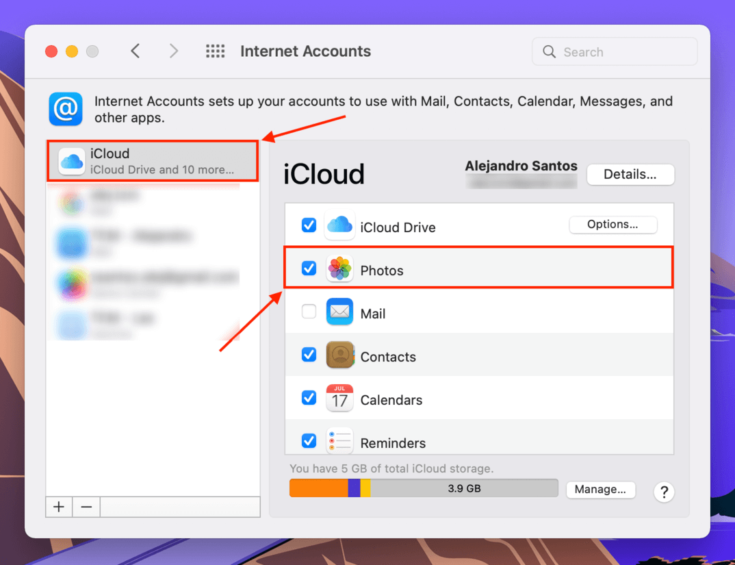 iCloud settings in the Internet Accounts window