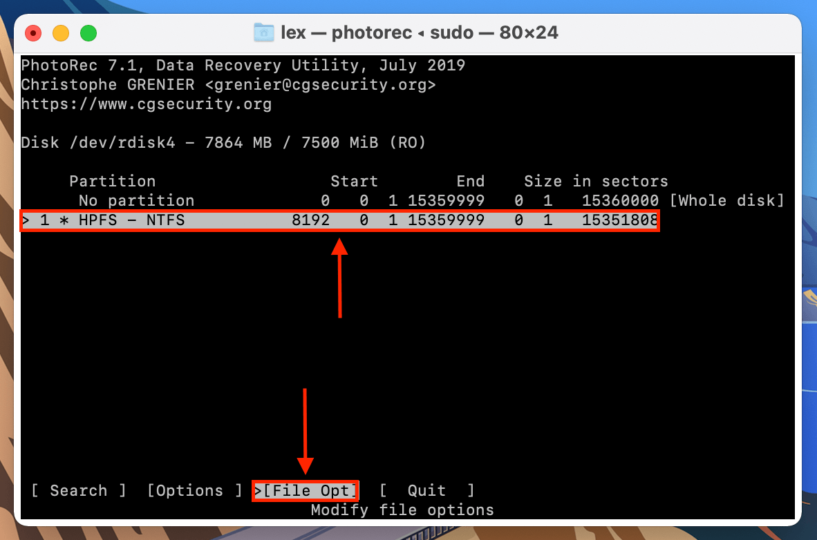 PhotoRec File Opt option in the partition selection screen