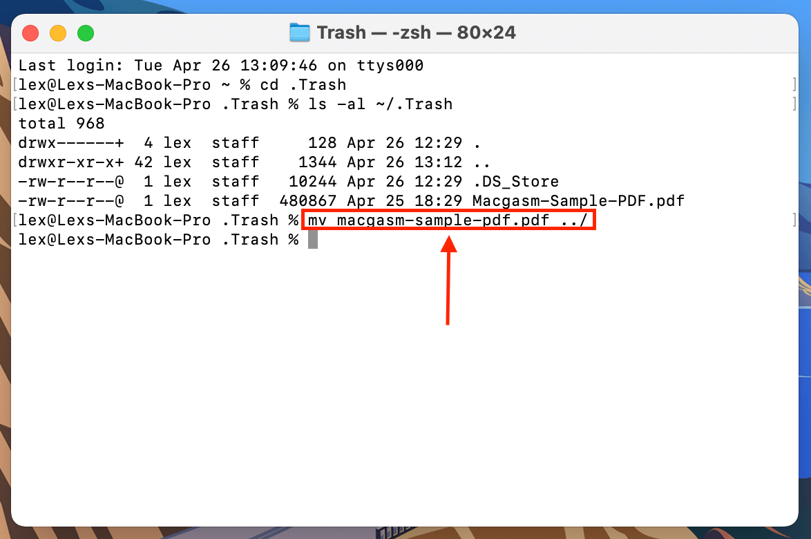 Restore file from Trash Terminal command