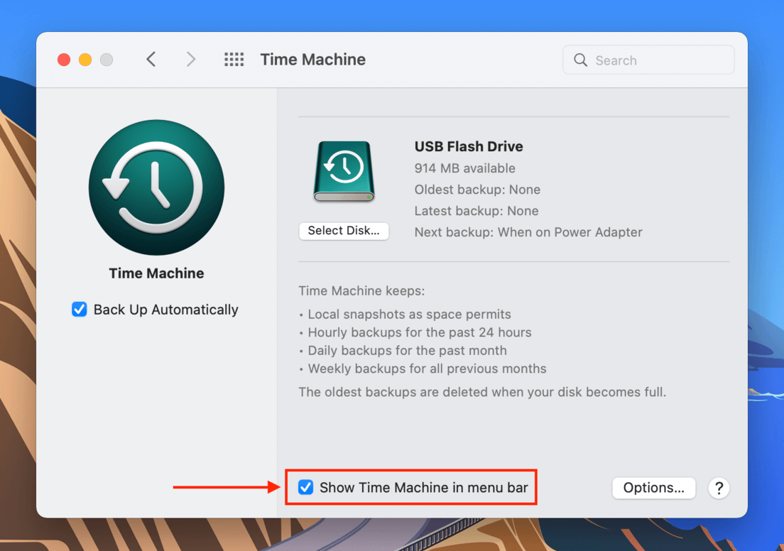 Show Time Machine in menu bar setting